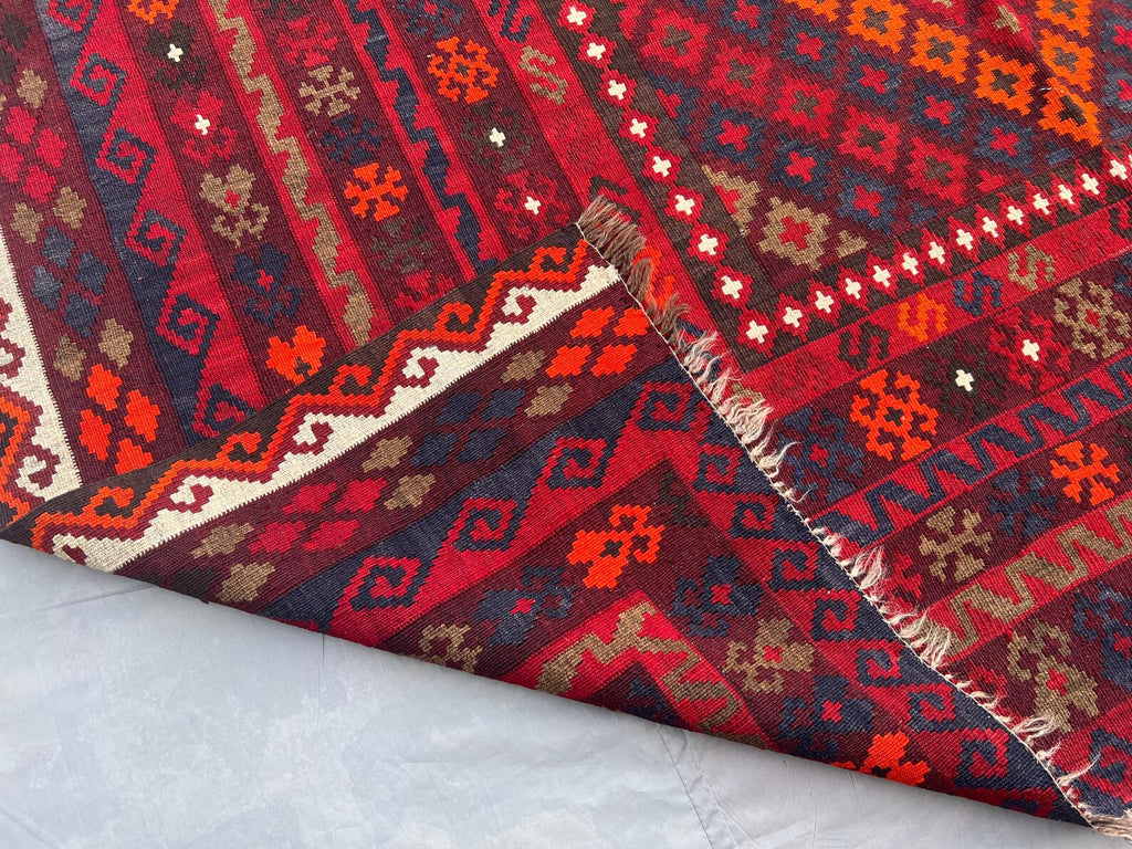 Handmade Afghan Kilim Rug – 205x280 cm | Deep Red Tribal Wool Carpet
