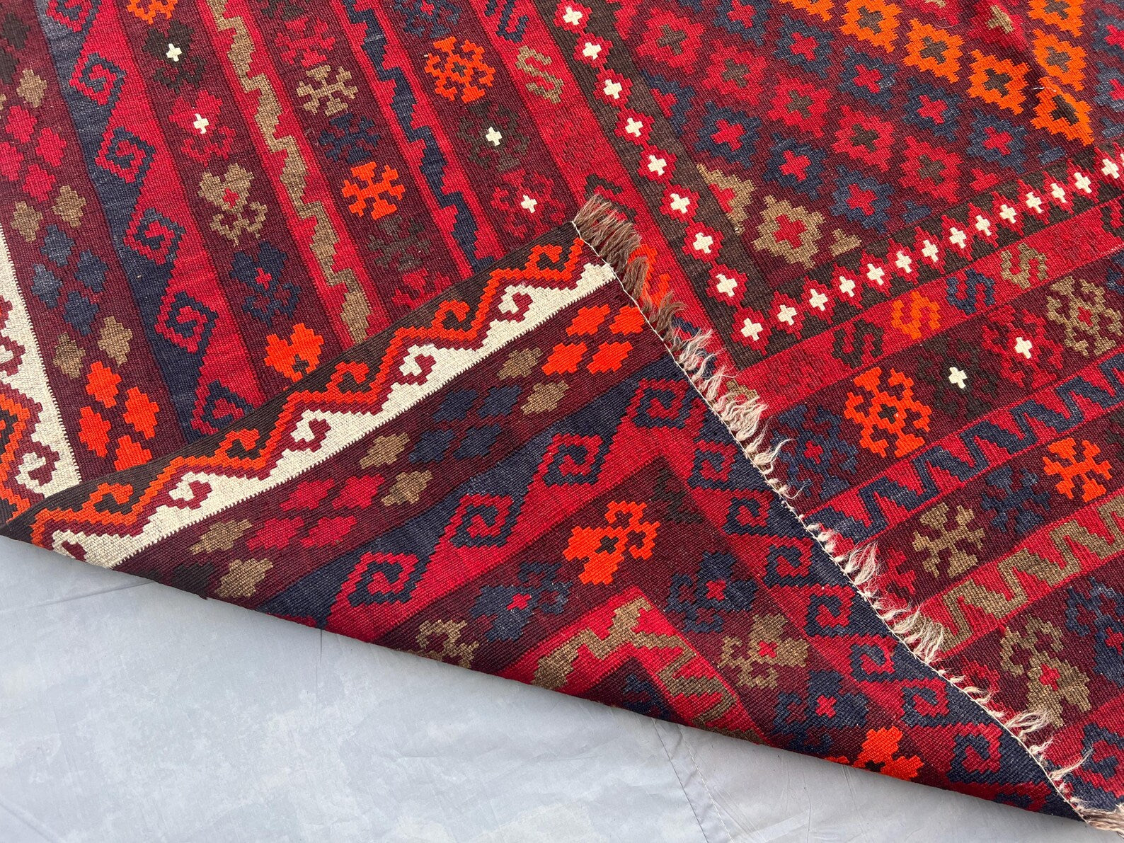 Handmade Afghan Kilim Rug – 205x280 cm | Deep Red Tribal Wool Carpet