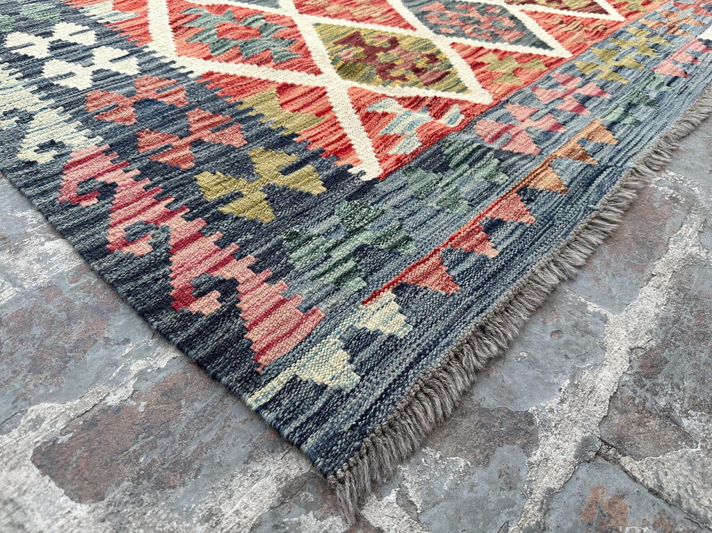 Handmade Afghan Kilim Rug – 259x344 cm | Multicolor Diamond Wool Carpet with Blue Border