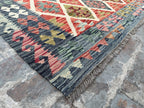 Handmade Afghan Kilim Rug – 259x344 cm | Multicolor Diamond Wool Carpet with Blue Border