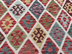 Handmade Afghan Kilim Rug – 259x344 cm | Multicolor Diamond Wool Carpet with Blue Border