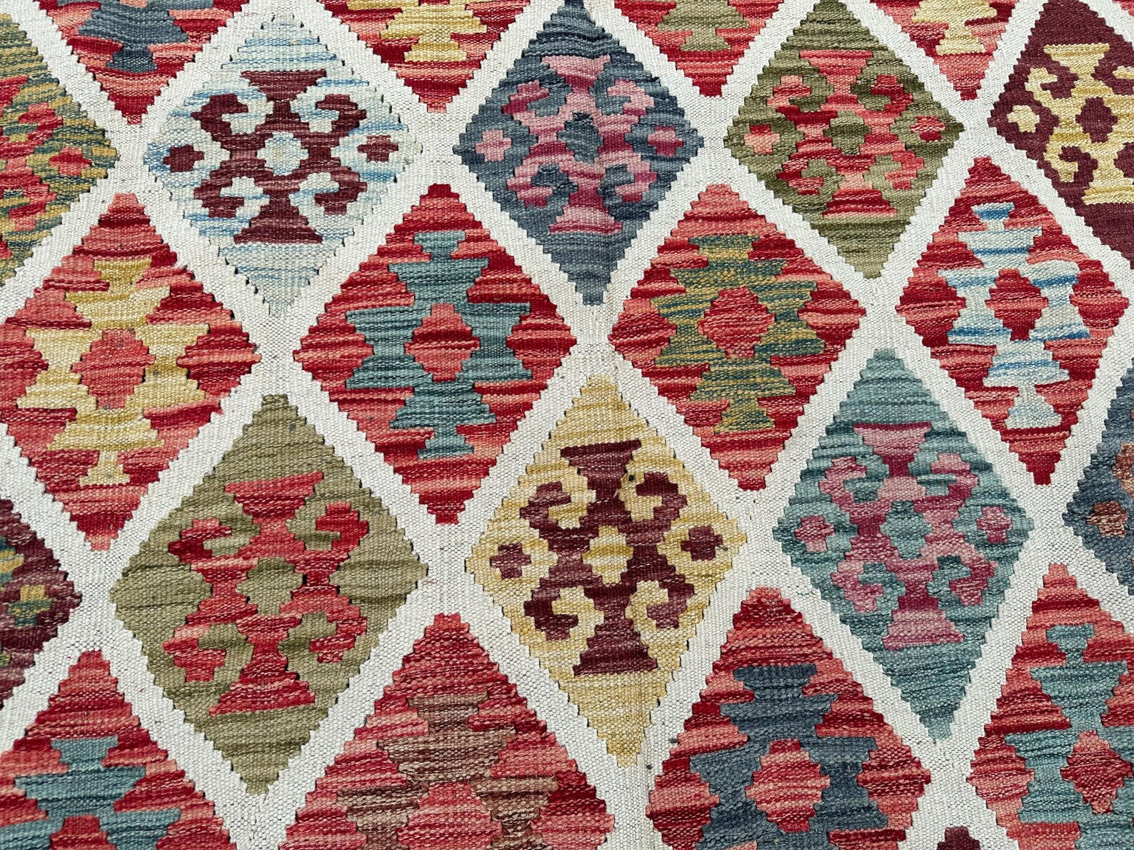 Handmade Afghan Kilim Rug – 259x344 cm | Multicolor Diamond Wool Carpet with Blue Border