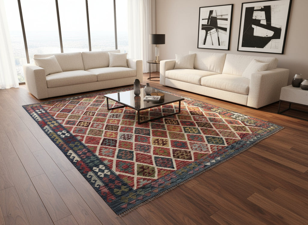 Handmade Afghan Kilim Rug – 259x344 cm | Multicolor Diamond Wool Carpet with Blue Border