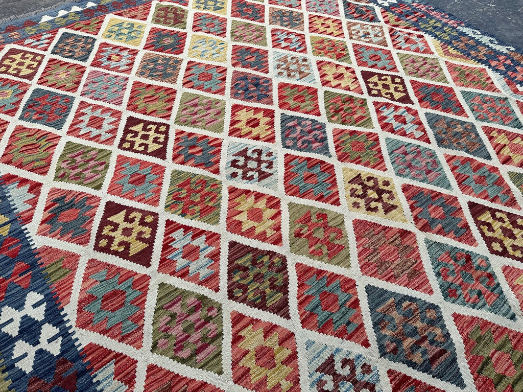Handmade Afghan Kilim Rug – 259x344 cm | Multicolor Diamond Wool Carpet with Blue Border