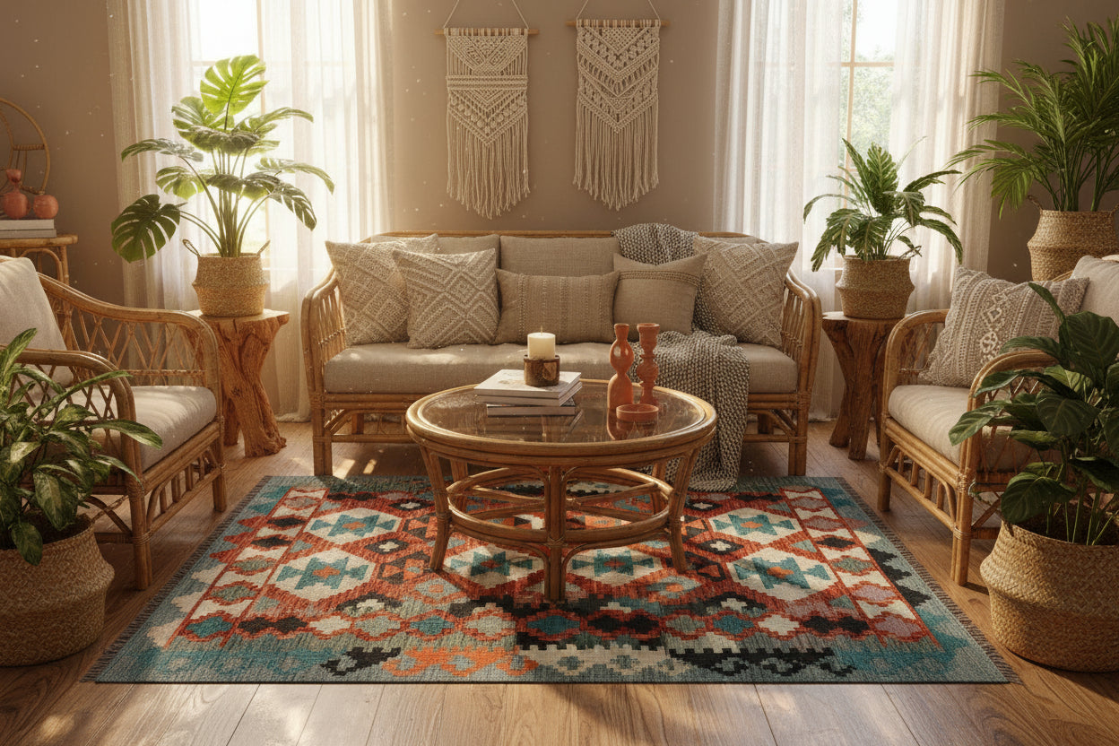 Afghan Kilim Rug 128 × 177 cm – Handwoven Wool Carpet | Tribal Geometric Flat-Weave | Boho Home Decor | 4.2 × 5.8 ft