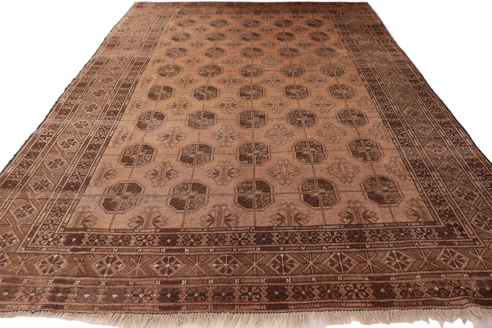 Heritage Vintage 6.9x10.2 ft Afghan Bokhara Rug | Brown Handknotted Wool Carpet
