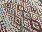 Handmade Afghan Kilim Rug – 210x299 cm | Ivory Base Multicolor Diamond Wool Carpet
