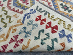 Handmade Afghan Kilim Rug – 210x299 cm | Ivory Base Multicolor Diamond Wool Carpet