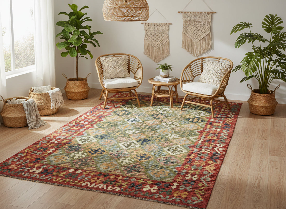 Handmade Afghan Kilim Rug – 220x317 cm | Red Border Pastel Diamond Wool Carpet