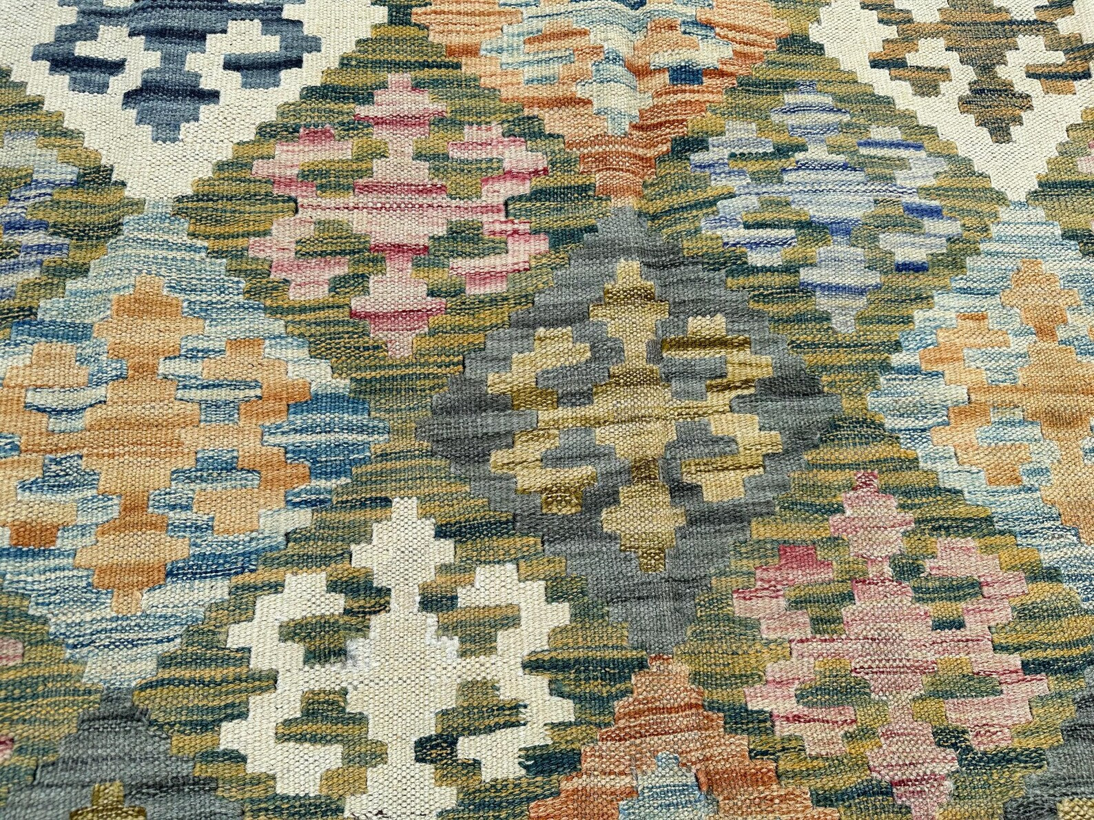 Handmade Afghan Kilim Rug – 220x317 cm | Red Border Pastel Diamond Wool Carpet