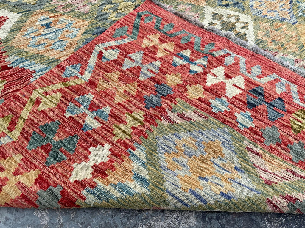 Handmade Afghan Kilim Rug – 220x317 cm | Red Border Pastel Diamond Wool Carpet