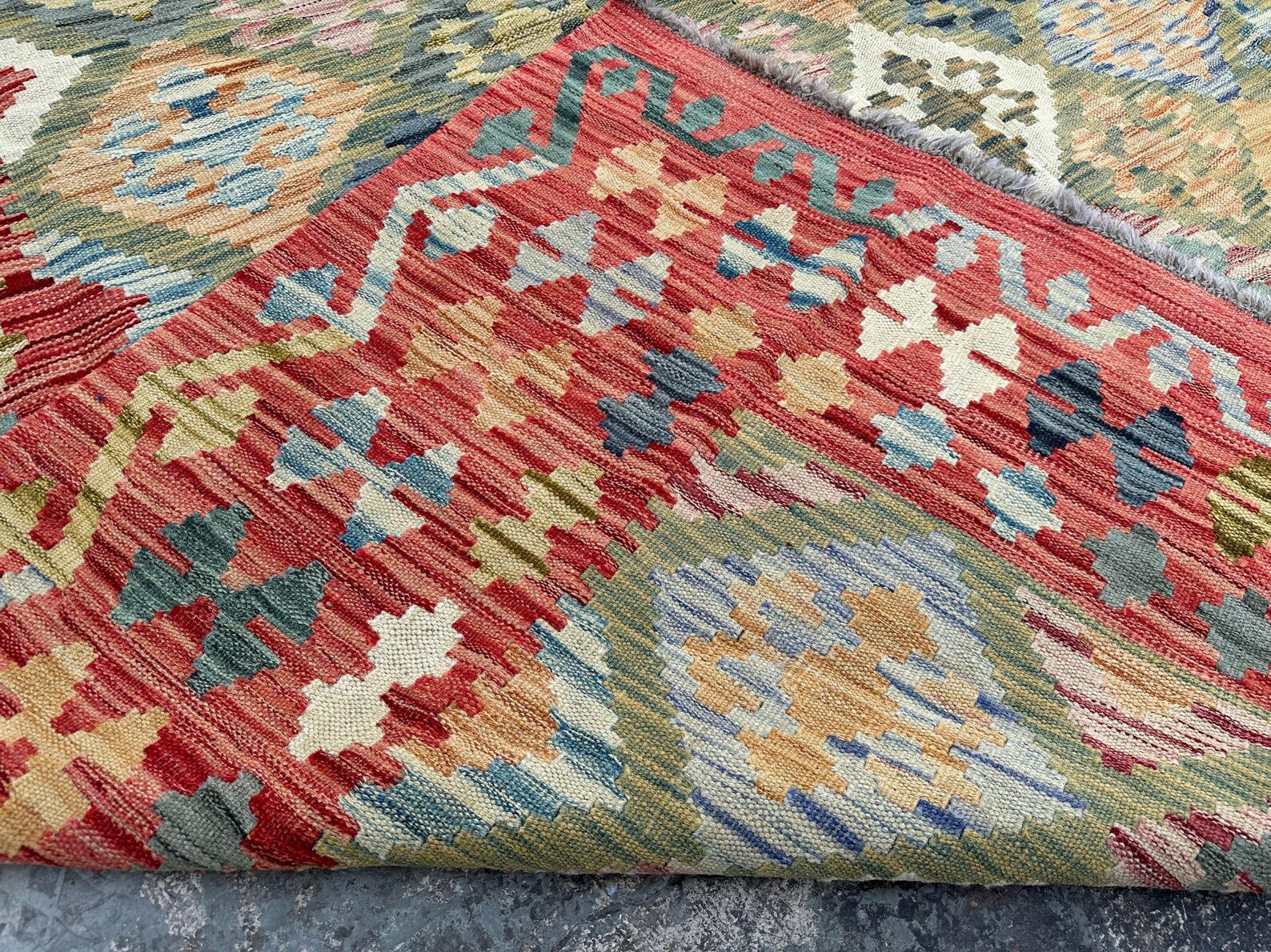 Handmade Afghan Kilim Rug – 220x317 cm | Red Border Pastel Diamond Wool Carpet
