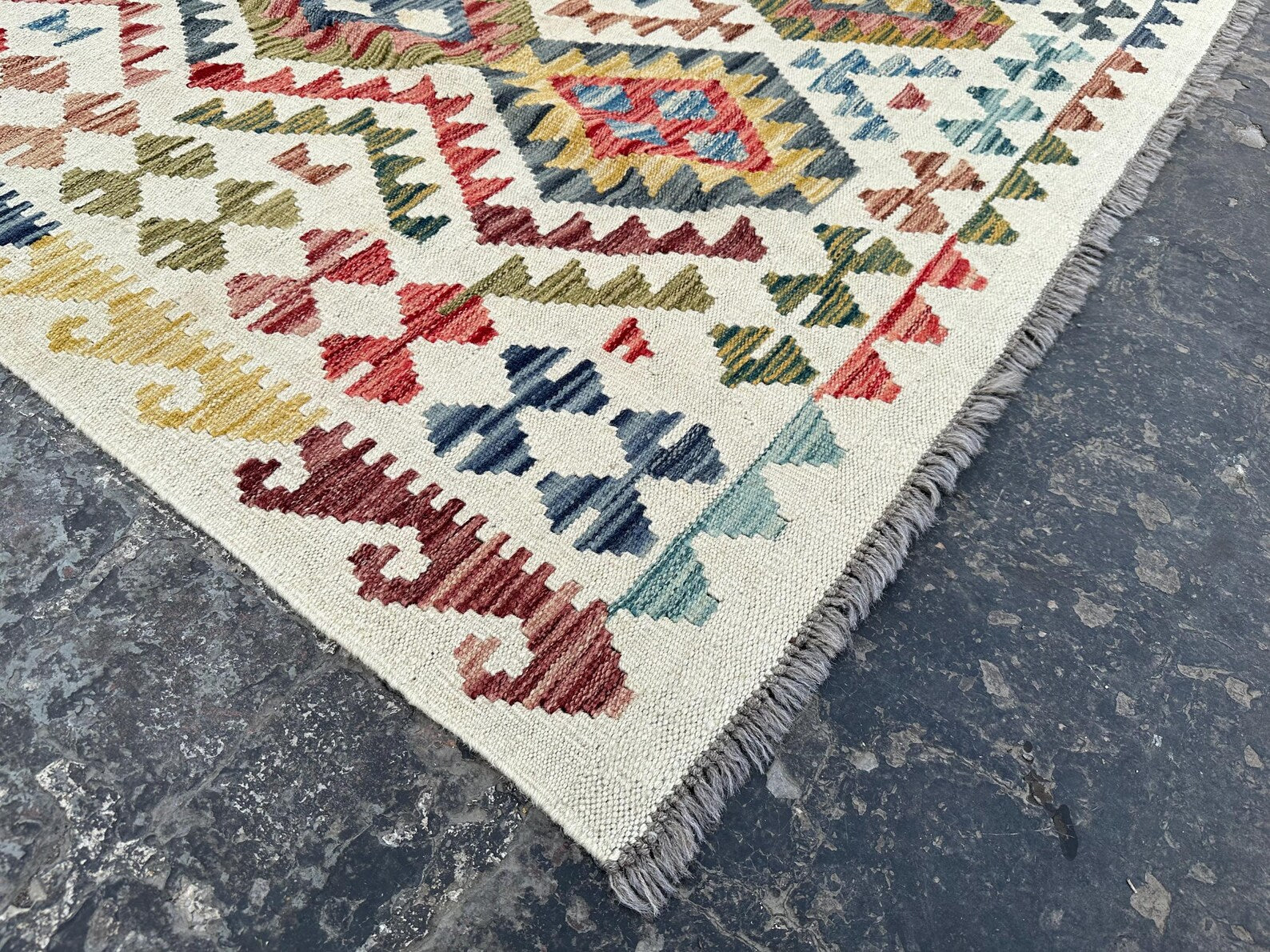 Handmade Afghan Kilim Rug – 262x344 cm | Ivory Base Multicolor Tribal Wool Carpet