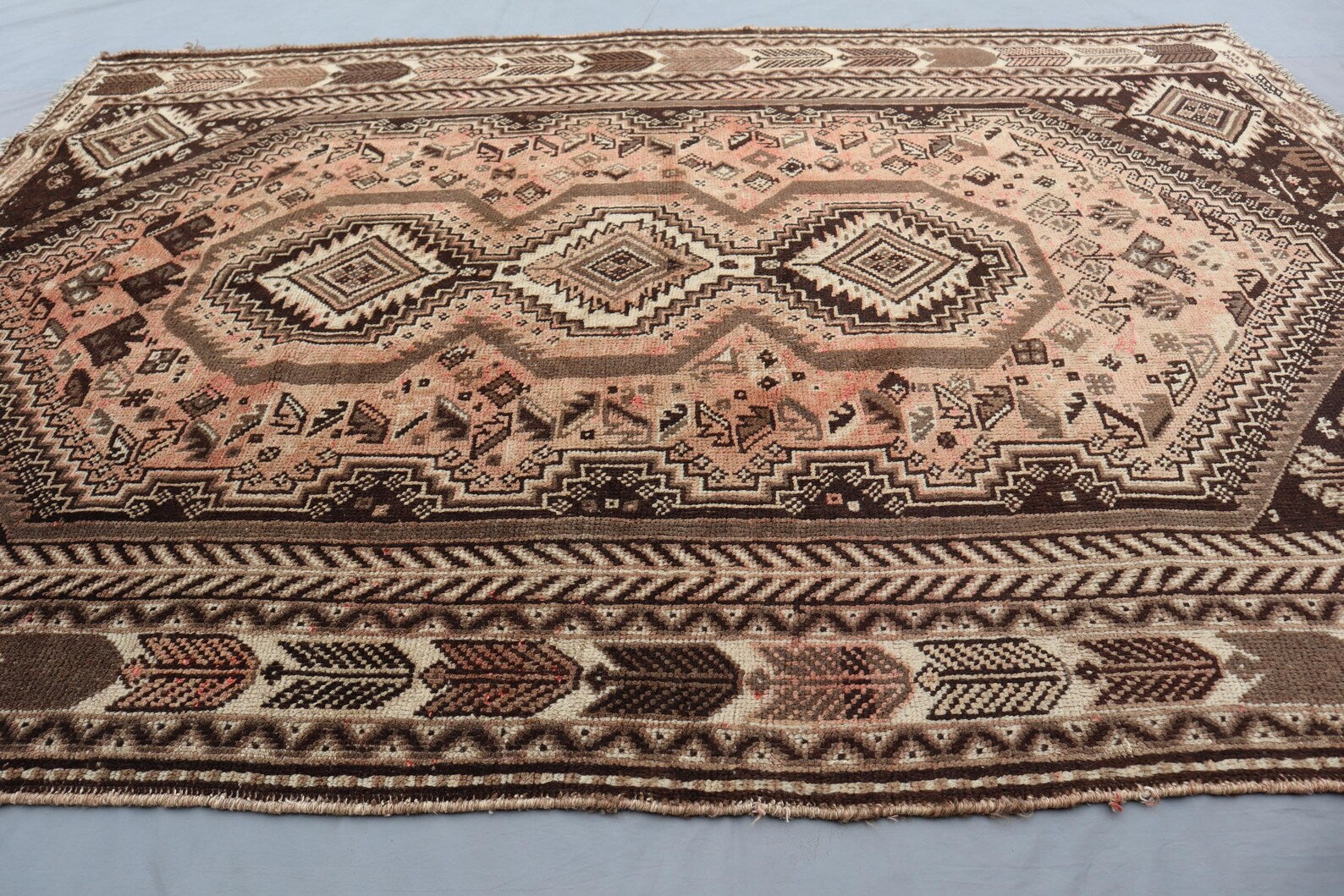 Handmade Afghan Wool Rug – 5’7” x 8’6” Carpet | Vintage Tribal Terracotta & Brown Caucasian Geometric by Nomad Weaves