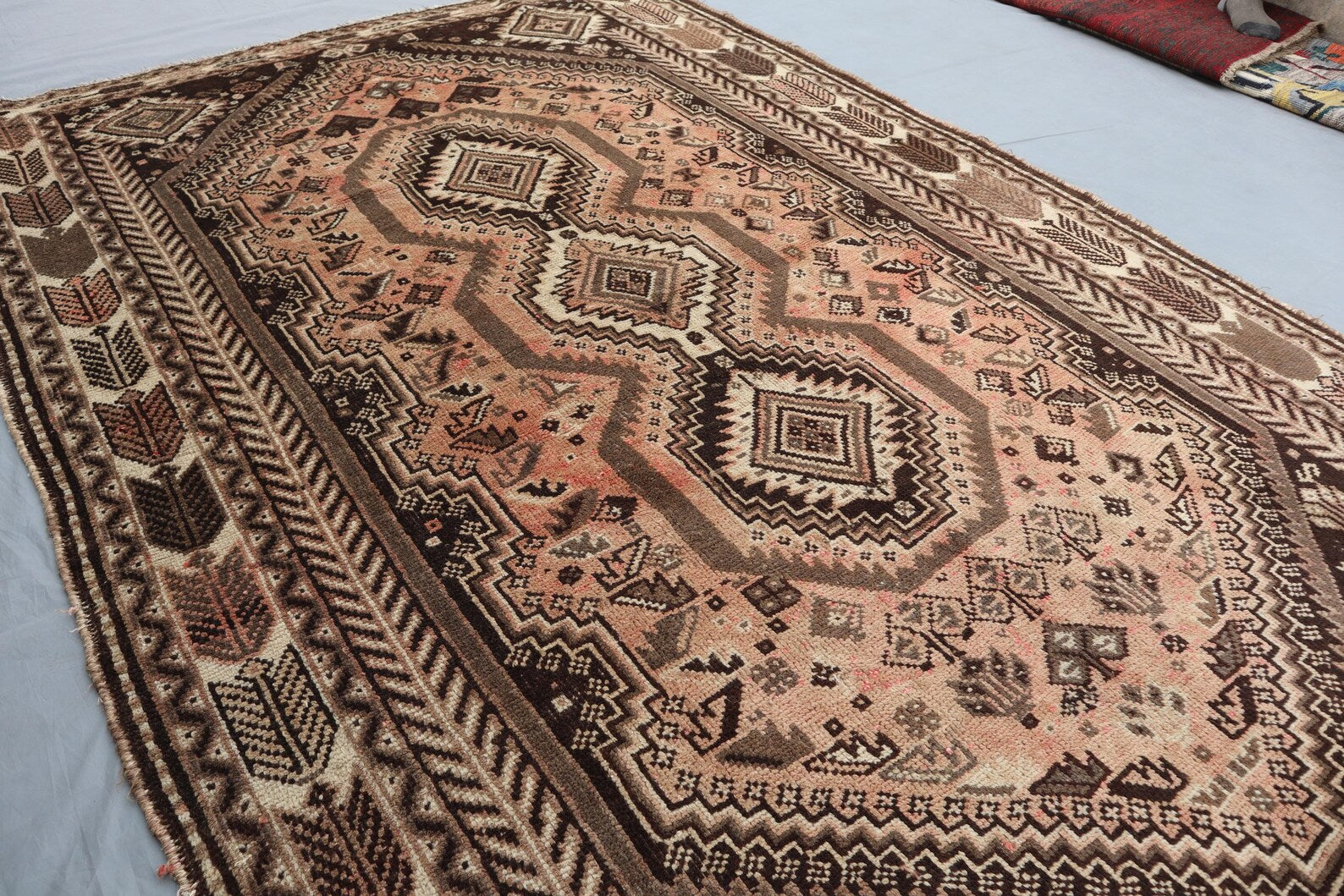 Handmade Afghan Wool Rug – 5’7” x 8’6” Carpet | Vintage Tribal Terracotta & Brown Caucasian Geometric by Nomad Weaves