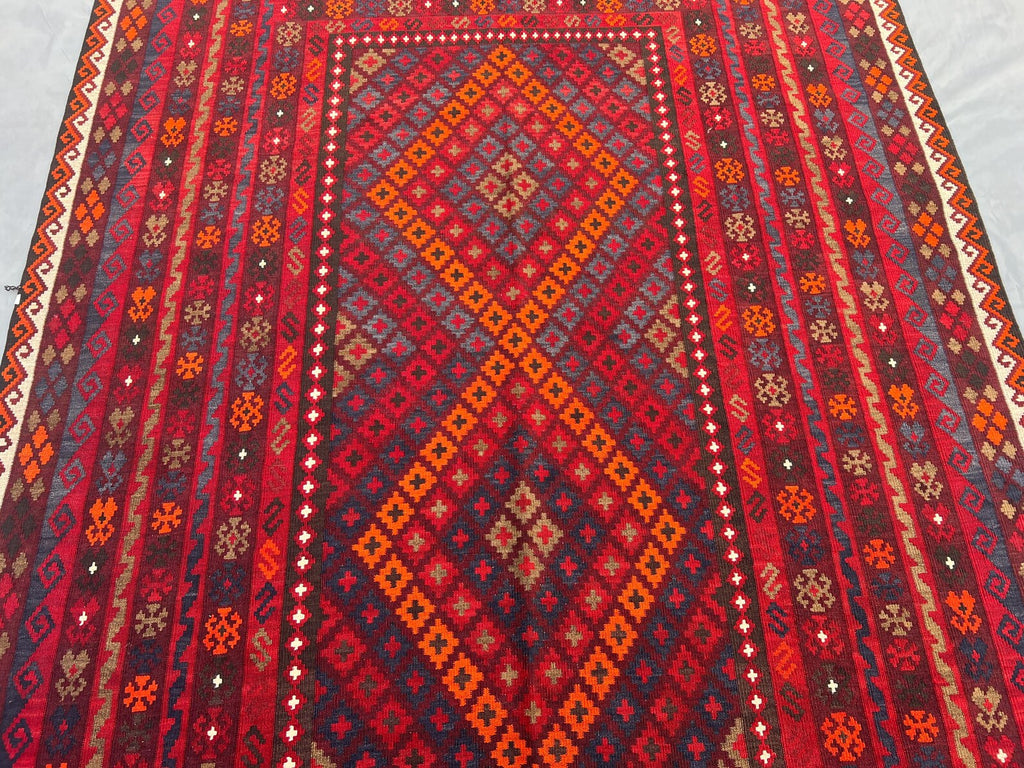 Handmade Afghan Kilim Rug – 205x280 cm | Deep Red Tribal Wool Carpet
