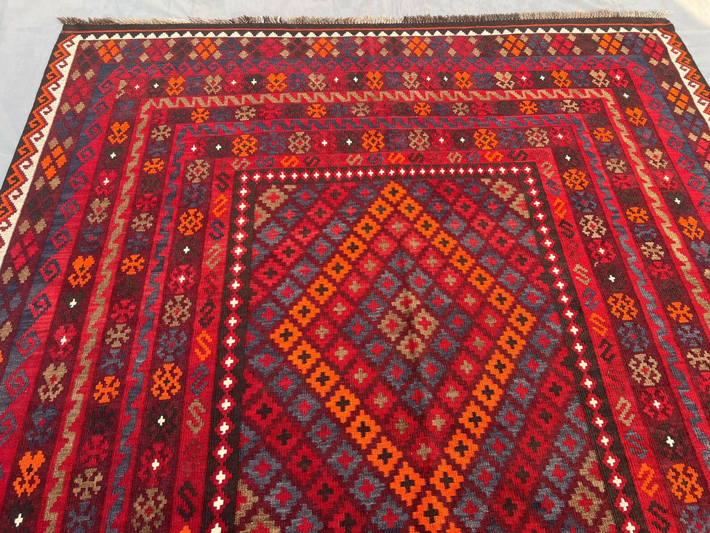 Handmade Afghan Kilim Rug – 205x280 cm | Deep Red Tribal Wool Carpet