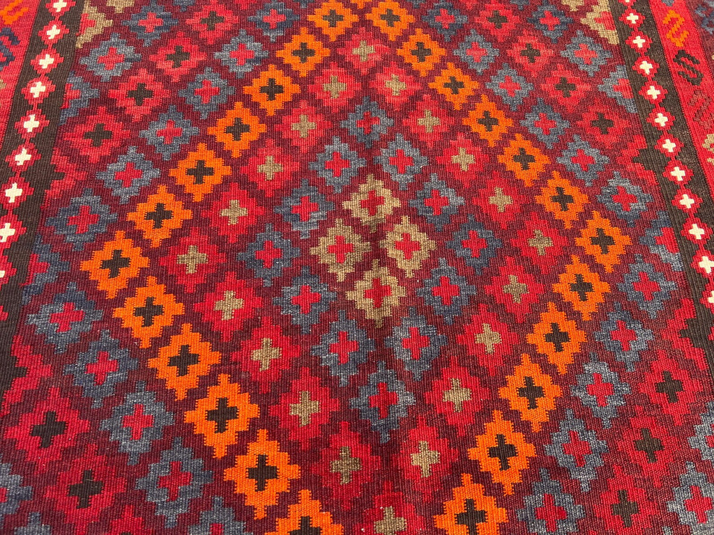 Handmade Afghan Kilim Rug – 205x280 cm | Deep Red Tribal Wool Carpet