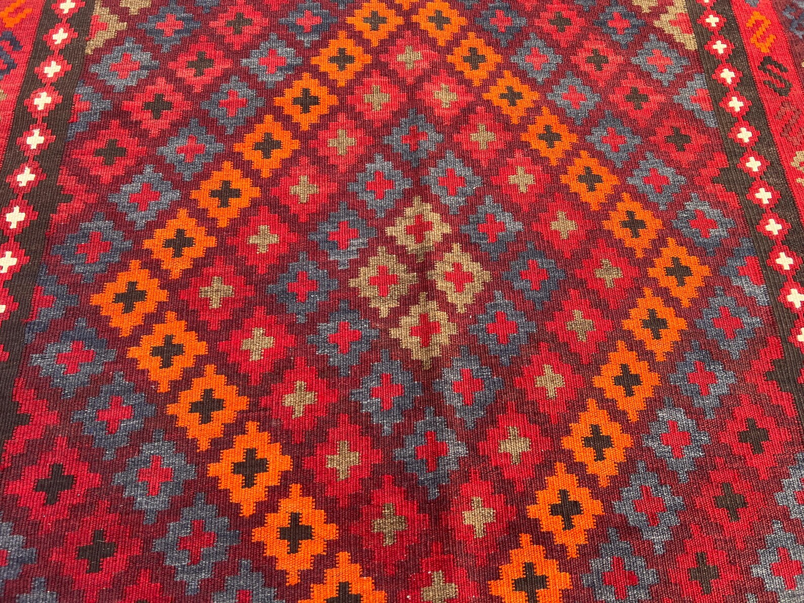 Handmade Afghan Kilim Rug – 205x280 cm | Deep Red Tribal Wool Carpet