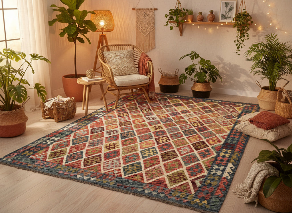 Handmade Afghan Kilim Rug – 259x344 cm | Multicolor Diamond Wool Carpet with Blue Border