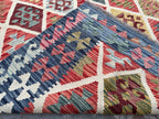 Handmade Afghan Kilim Rug – 259x344 cm | Multicolor Diamond Wool Carpet with Blue Border