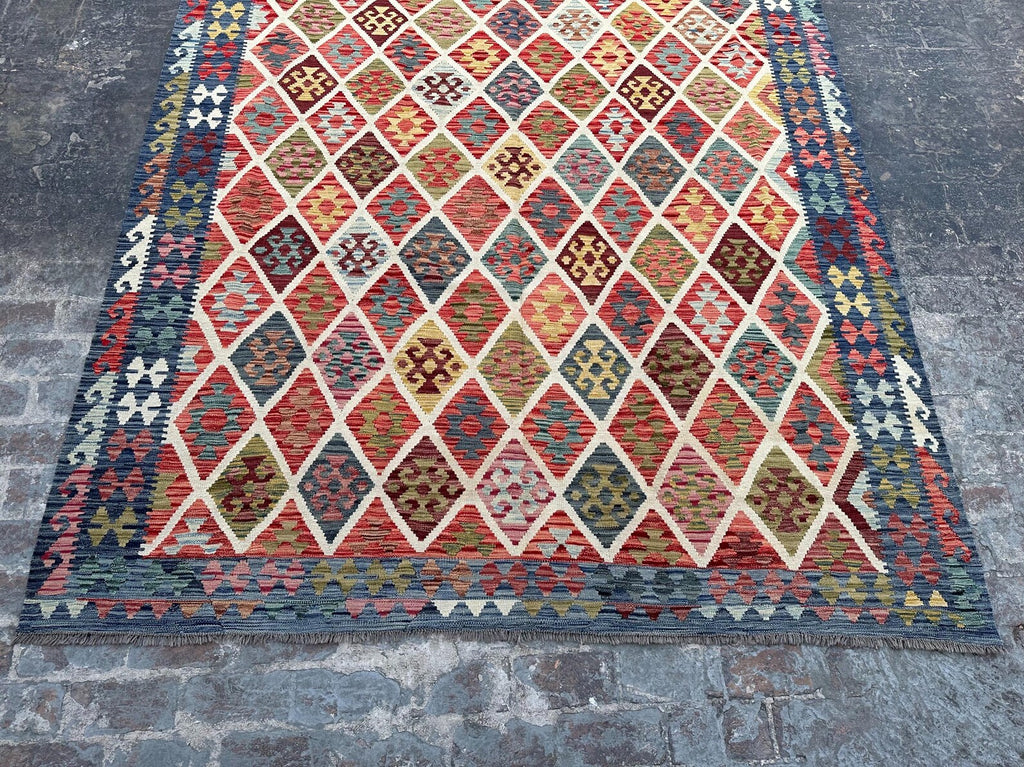 Handmade Afghan Kilim Rug – 259x344 cm | Multicolor Diamond Wool Carpet with Blue Border
