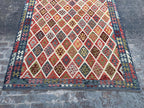 Handmade Afghan Kilim Rug – 259x344 cm | Multicolor Diamond Wool Carpet with Blue Border