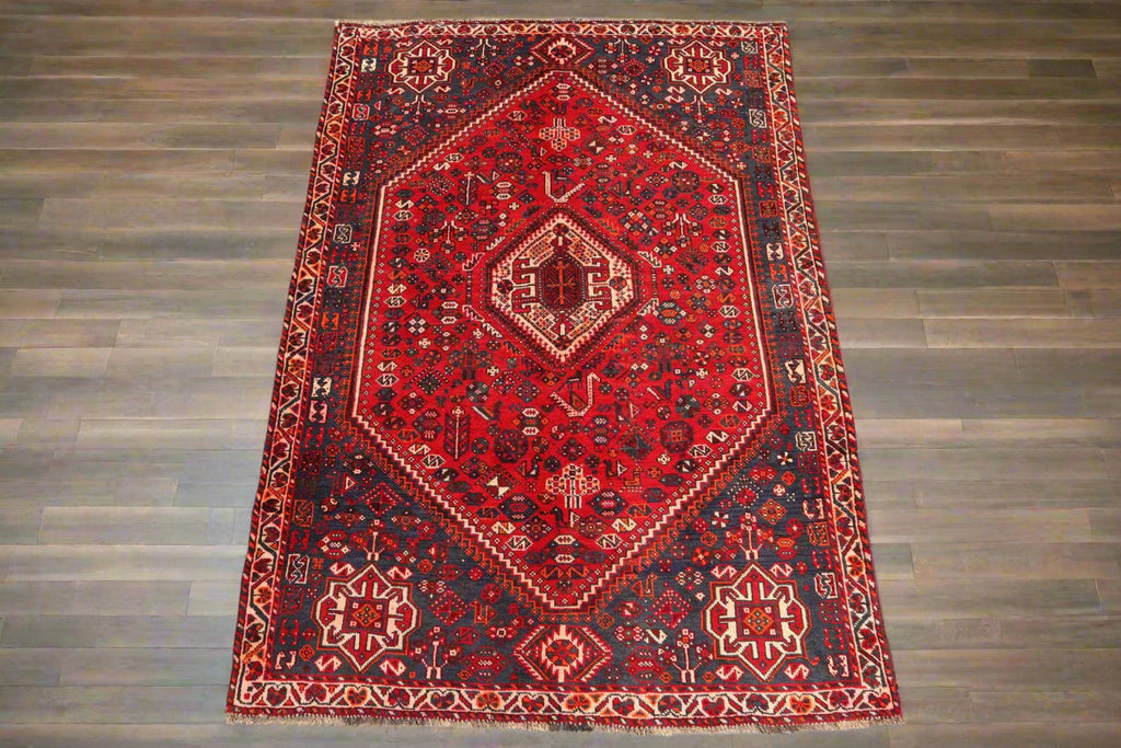 Handmade Afghan Wool Rug – 5x7ft Carpet | Vintage Tribal Red and Navy Caucasian Geometric by Nomad Weaves