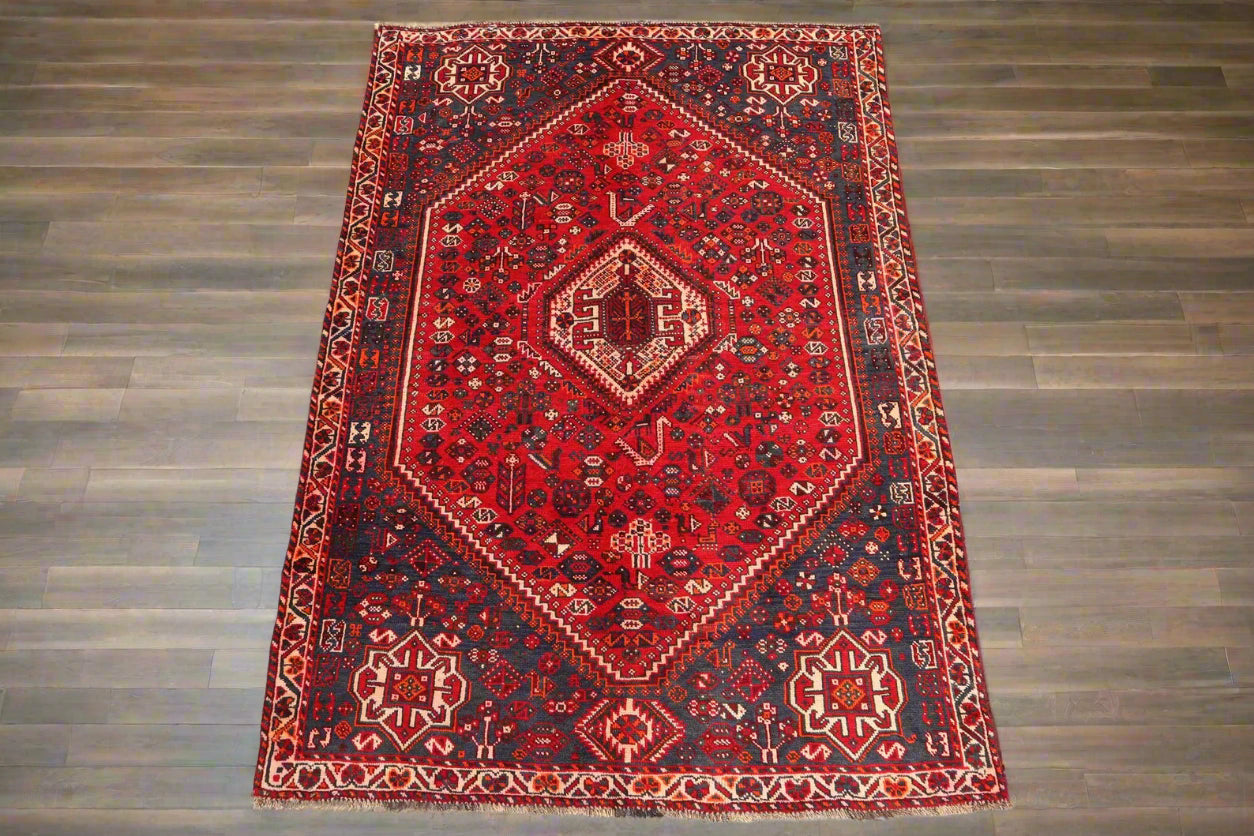 Handmade Afghan Wool Rug – 5x7ft Carpet | Vintage Tribal Red and Navy Caucasian Geometric by Nomad Weaves