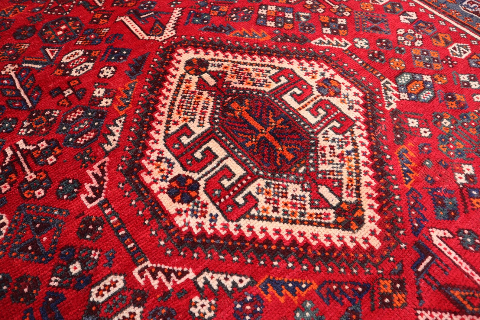 Handmade Afghan Wool Rug – 5x7ft Carpet | Vintage Tribal Red and Navy Caucasian Geometric by Nomad Weaves