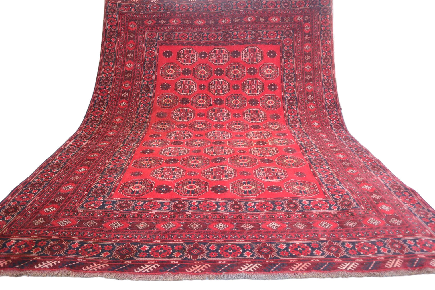Afghan Turkman Rug 7.3 × 10 ft – Hand-Knotted Wool | Vintage Maroon Tribal Oriental Carpet