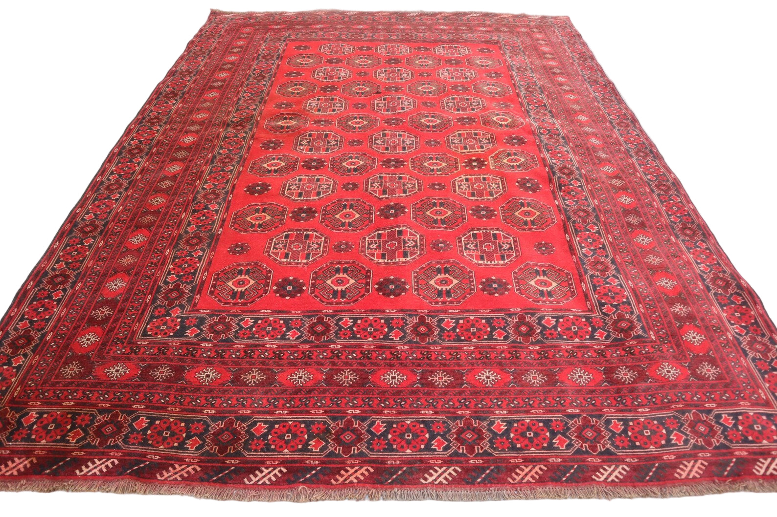 Afghan Turkman Rug 7.3 × 10 ft – Hand-Knotted Wool | Vintage Maroon Tribal Oriental Carpet