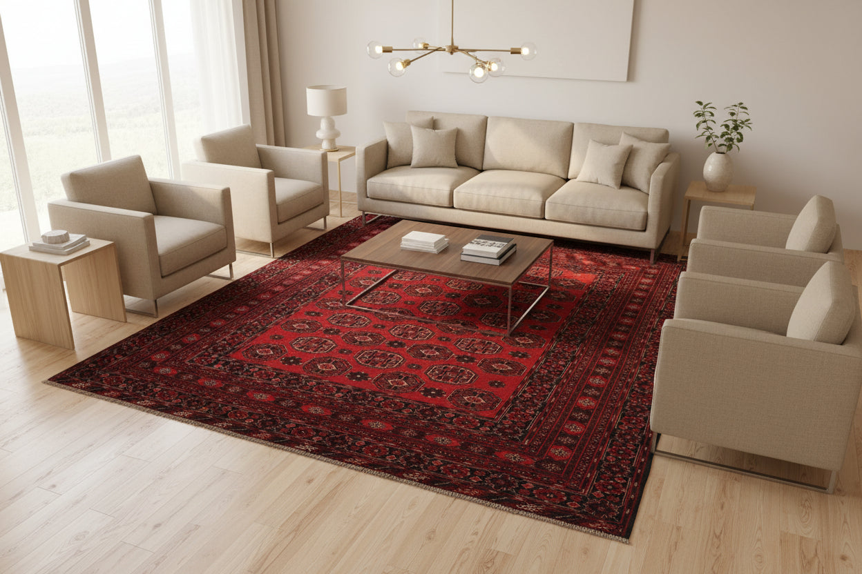 Afghan Turkman Rug 7.3 × 10 ft – Hand-Knotted Wool | Vintage Maroon Tribal Oriental Carpet