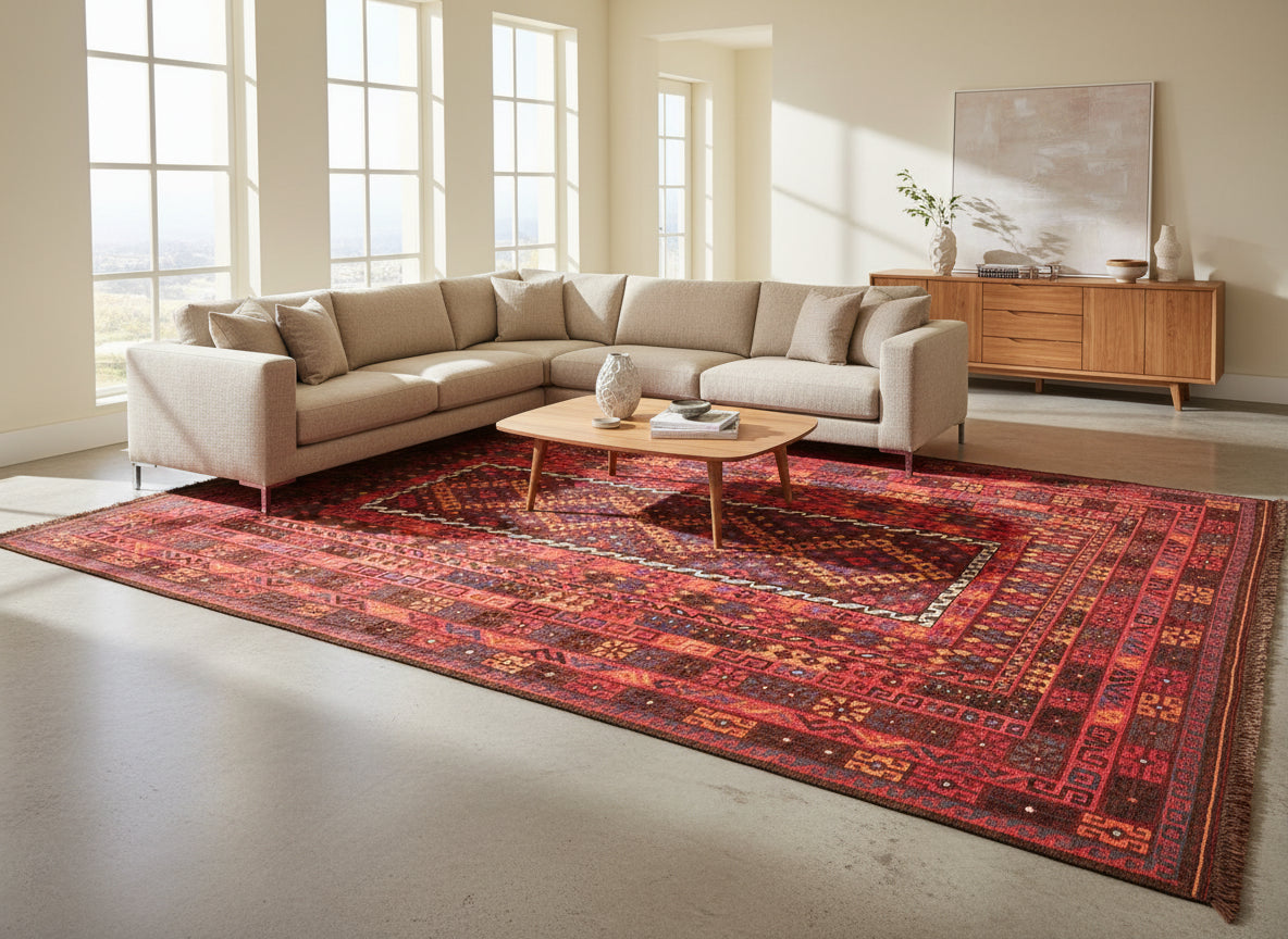 Afghan Tribal Kilim 238 × 366 cm – Handwoven Wool Carpet | Deep Red Geometric Design | 7.8 × 12.0 ft