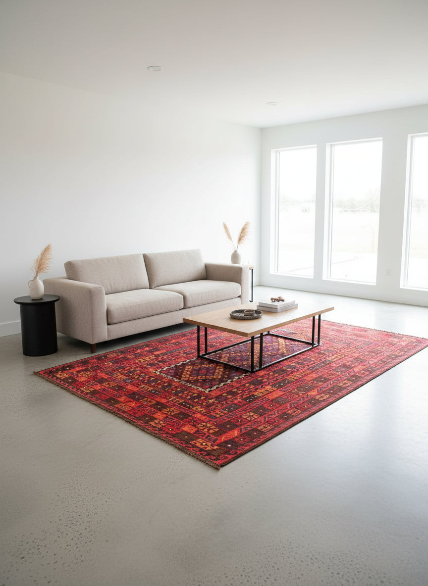 Afghan Tribal Kilim 238 × 366 cm – Handwoven Wool Carpet | Deep Red Geometric Design | 7.8 × 12.0 ft