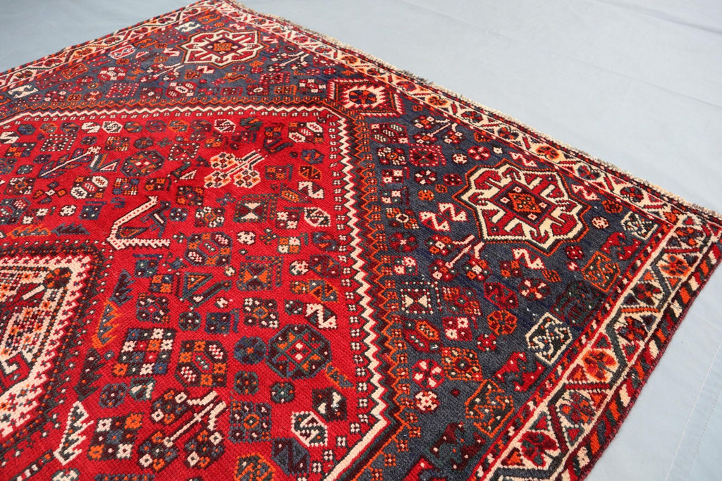 Handmade Afghan Wool Rug – 5x7ft Carpet | Vintage Tribal Red and Navy Caucasian Geometric by Nomad Weaves