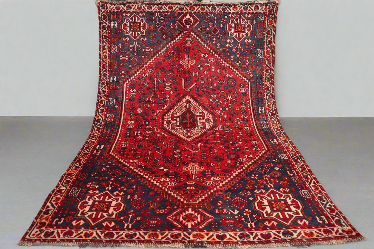 Handmade Afghan Wool Rug – 5x7ft Carpet | Vintage Tribal Red and Navy Caucasian Geometric by Nomad Weaves