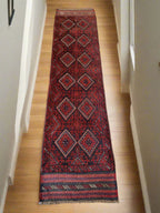 Handmade Afghan Runner Rug – 2’7” x 8’5” Wool Carpet | Vintage Baluch Tribal Turkmen Red Hallway Rug by Nomad Weaves