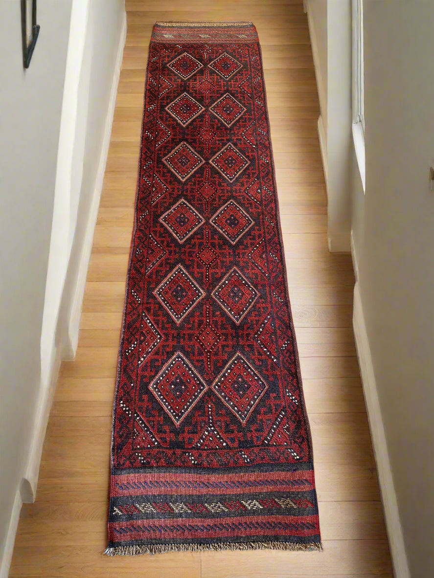 Handmade Afghan Runner Rug – 2’7” x 8’5” Wool Carpet | Vintage Baluch Tribal Turkmen Red Hallway Rug by Nomad Weaves