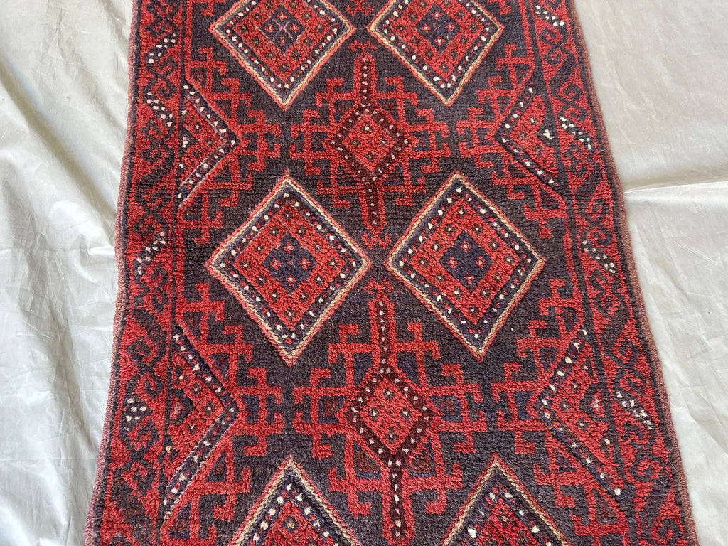 Handmade Afghan Runner Rug – 2’7” x 8’5” Wool Carpet | Vintage Baluch Tribal Turkmen Red Hallway Rug by Nomad Weaves