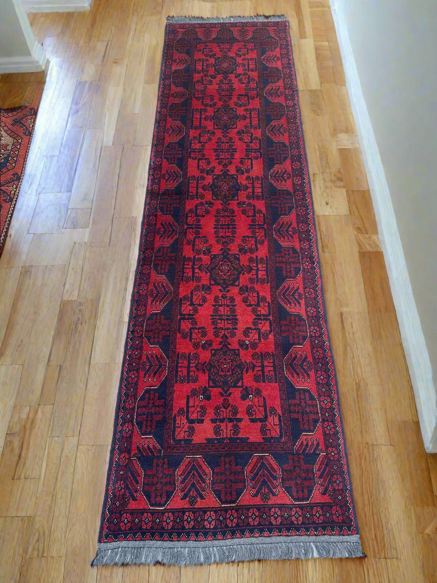 Handmade Afghan Runner Rug – 3x10ft Wool Carpet | Vintage Turkmen Tribal Red and Navy Hallway Rug by Nomad Weaves