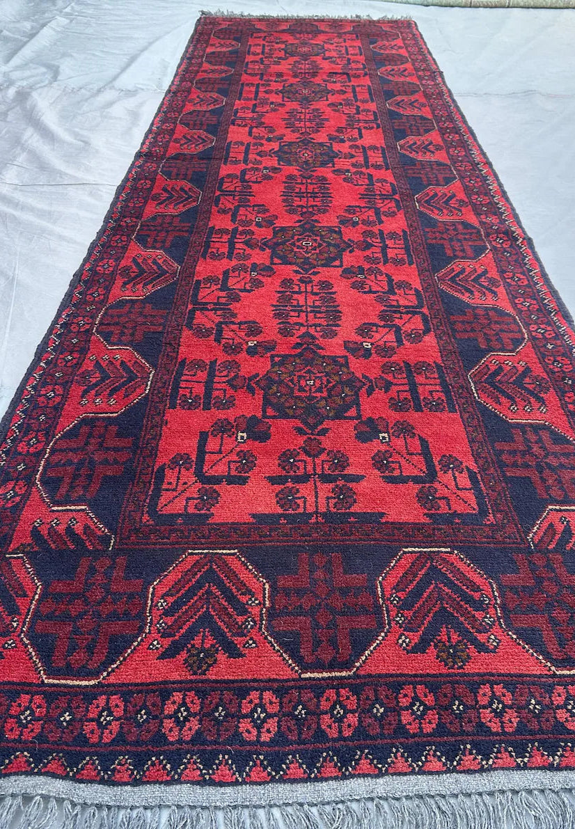 Handmade Afghan Runner Rug – 3x10ft Wool Carpet | Vintage Turkmen Tribal Red and Navy Hallway Rug by Nomad Weaves