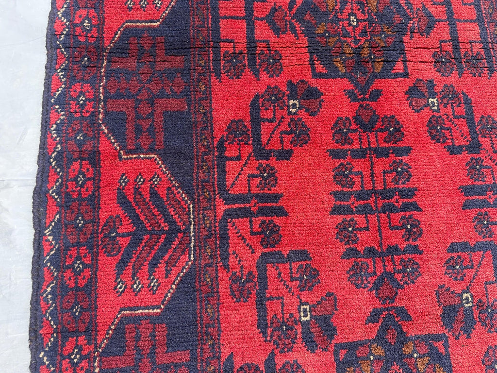 Handmade Afghan Runner Rug – 3x10ft Wool Carpet | Vintage Turkmen Tribal Red and Navy Hallway Rug by Nomad Weaves