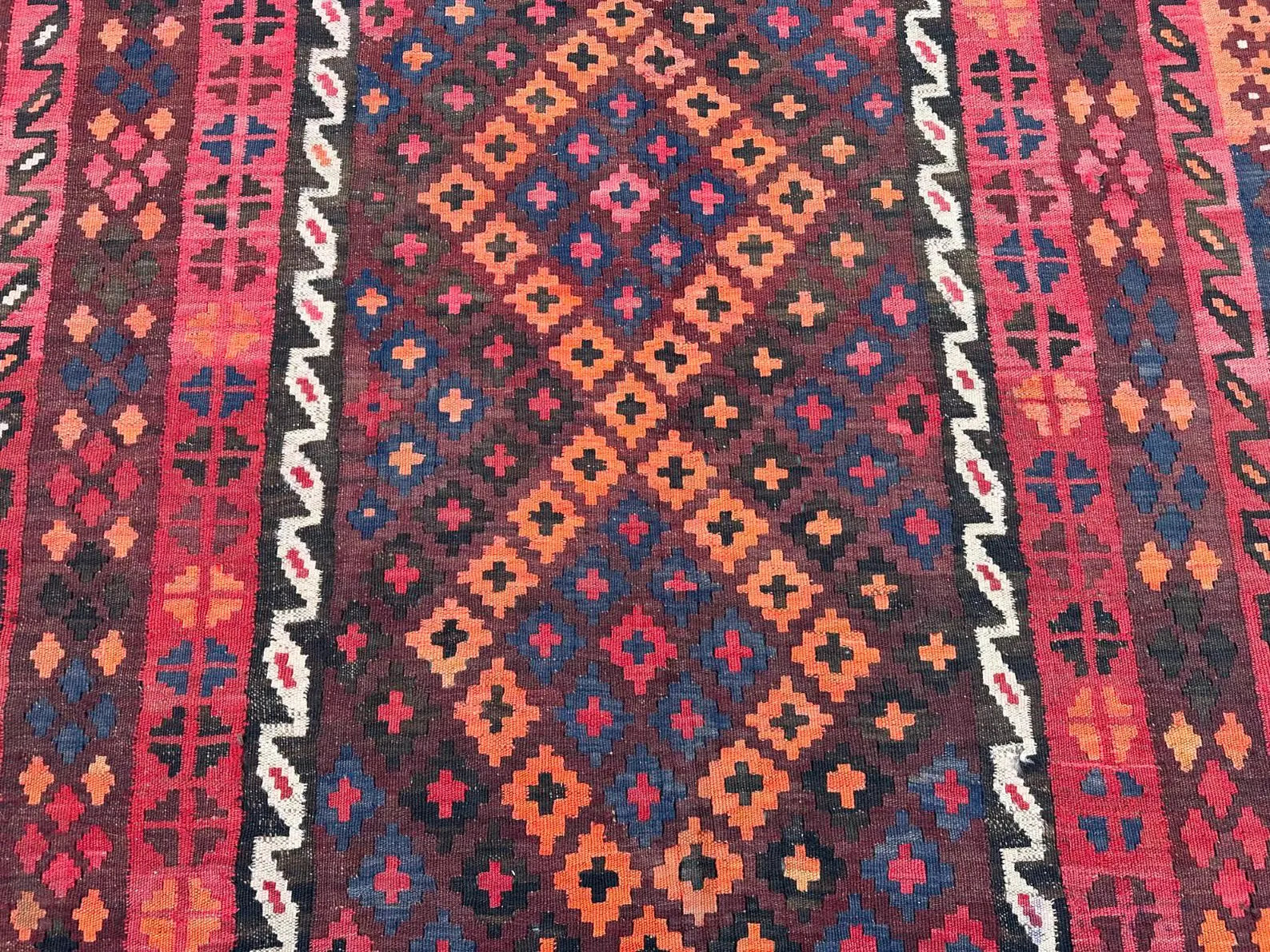 Afghan Tribal Kilim 238 × 366 cm – Handwoven Wool Carpet | Deep Red Geometric Design | 7.8 × 12.0 ft