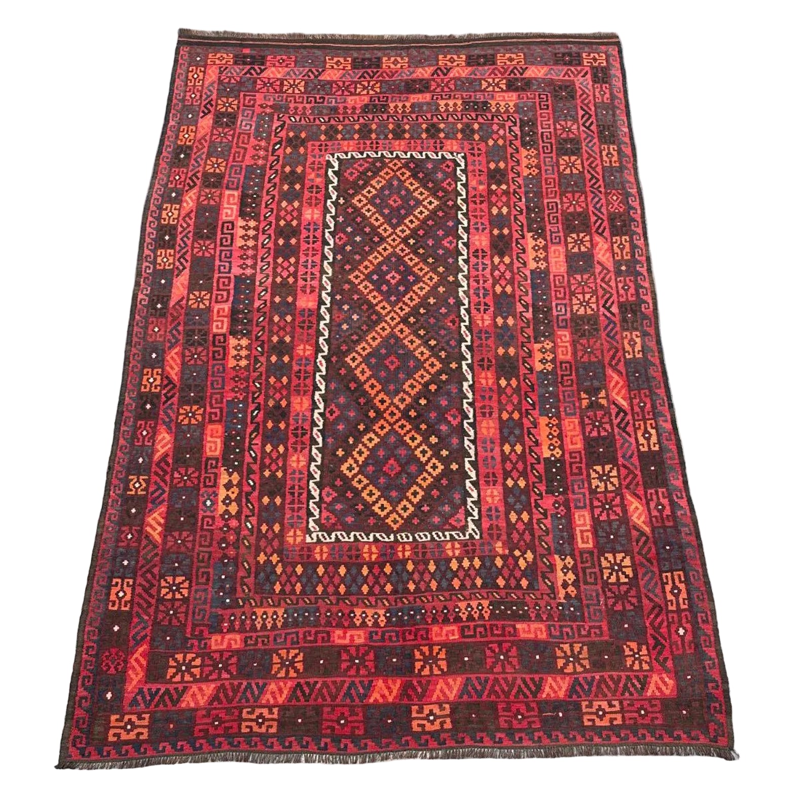 Afghan Tribal Kilim 238 × 366 cm – Handwoven Wool Carpet | Deep Red Geometric Design | 7.8 × 12.0 ft
