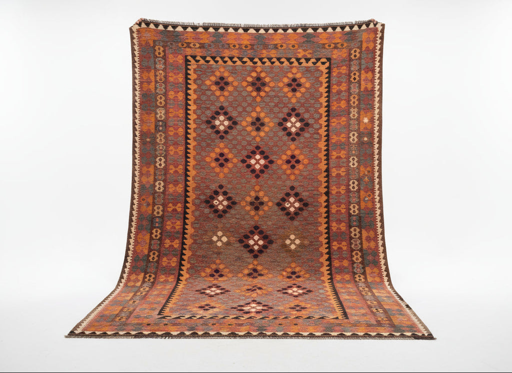 Handmade Afghan Kilim Rug – 204x290 cm | Warm Autumn Tones Wool Tribal Carpet