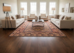 Decorative rug with geometric pattern on a blue surface