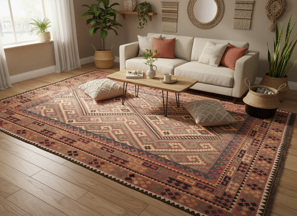 Handmade Afghan Kilim Rug – 239x370 cm | Rust & Terracotta Wool Carpet with Tribal Geometric Design