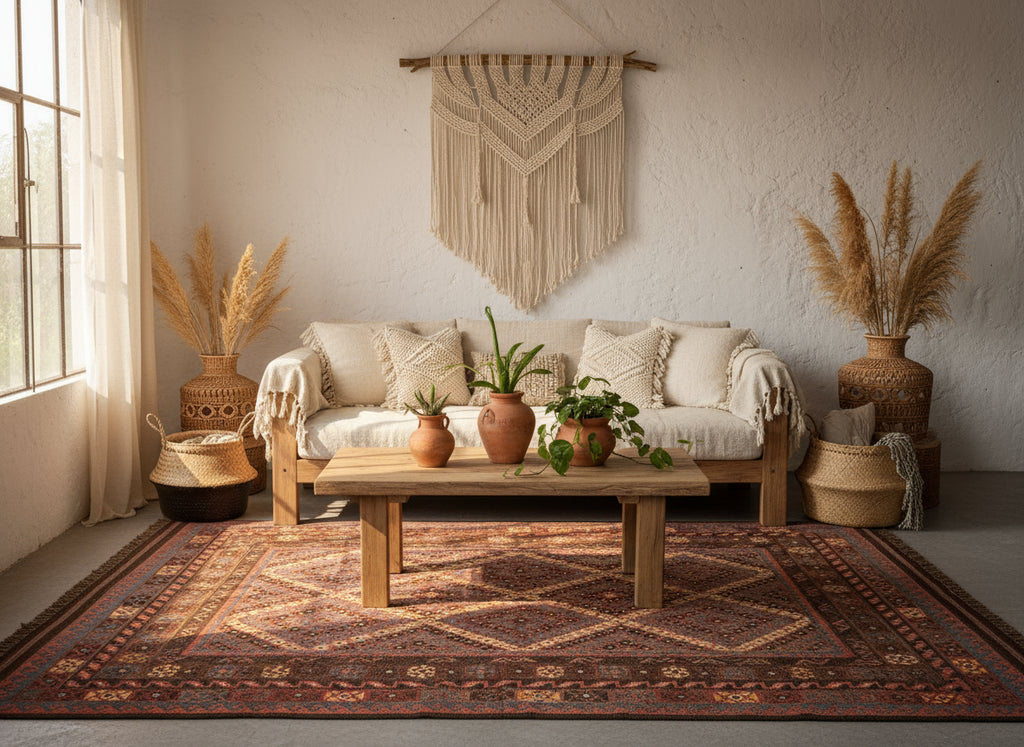 Handmade Afghan Kilim Rug – 244x390 cm | Deep Earth Tones Wool Carpet with Tribal Diamond Motifs