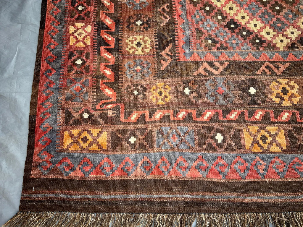 Handmade Afghan Kilim Rug – 244x390 cm | Deep Earth Tones Wool Carpet with Tribal Diamond Motifs